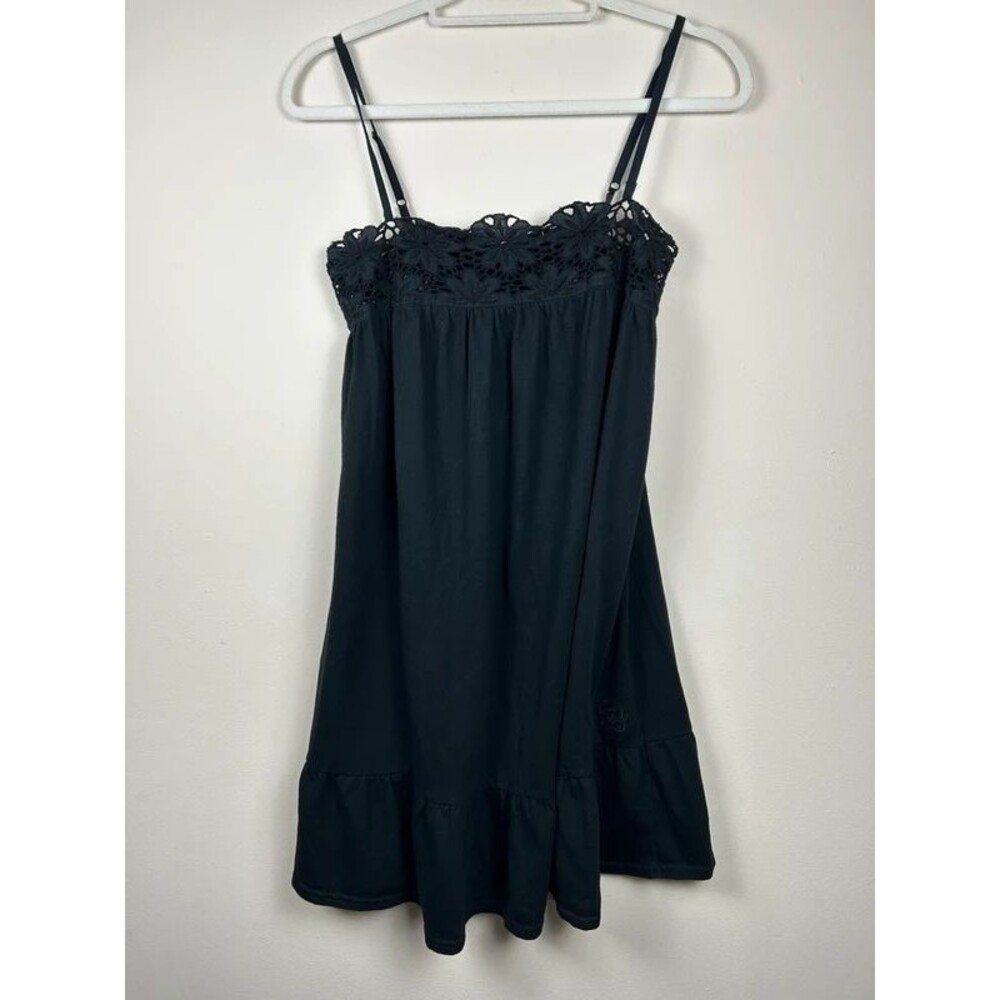 ROXY Black Crochet Lace Babydoll Mini Dress Spaghetti Strap Flirty Sundress M
